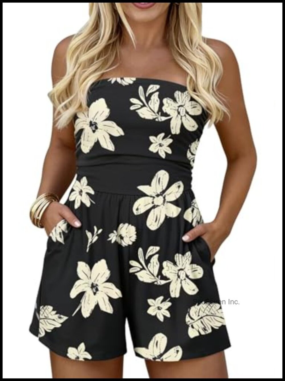 Cotton Blend Off Shoulder Floral Romper Strapless Short Jumpsuit with Pockets